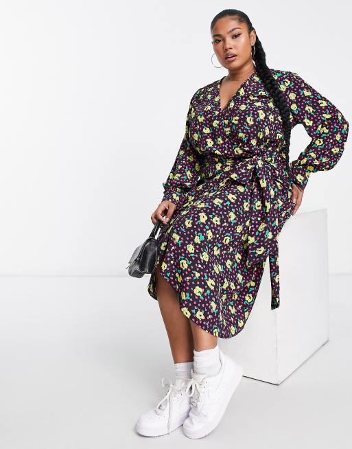 Glamorous Curve - Robe portefeuille mi-longue à imprimé roses - Noir/multicolore