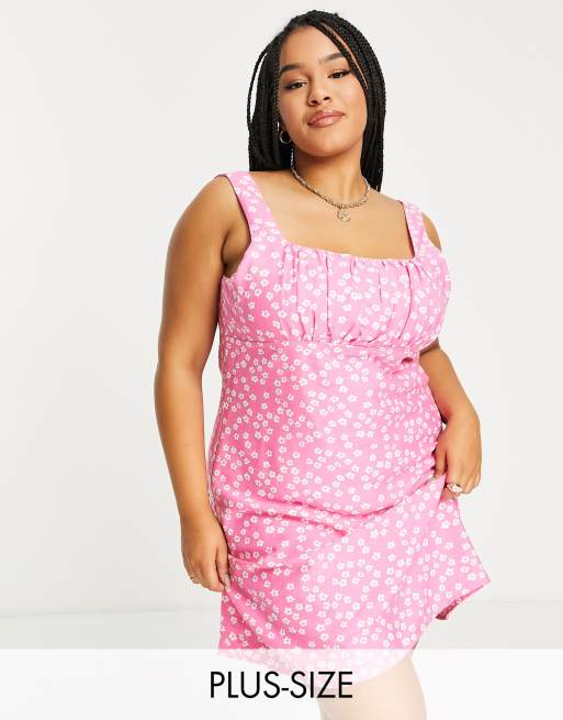 Glamorous Curve - Robe trapèze courte avec corsage froncé - Rose fleuri