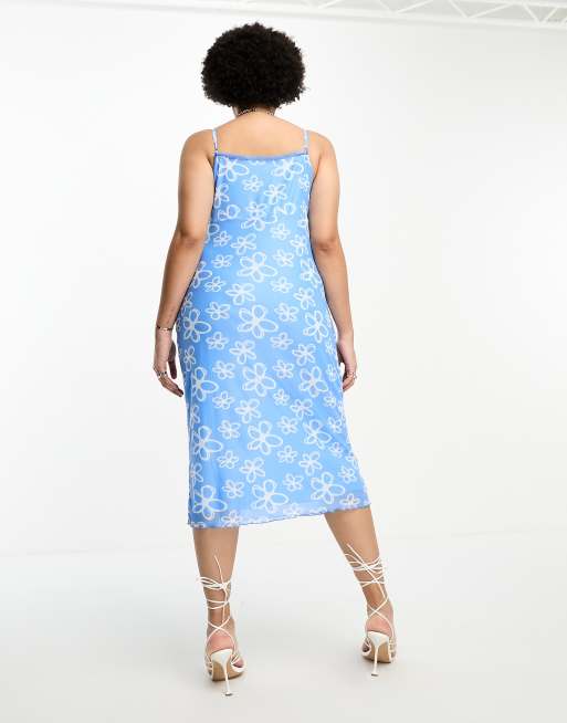 Glamorous Curve ruched bust cami midi dress in blue scribble