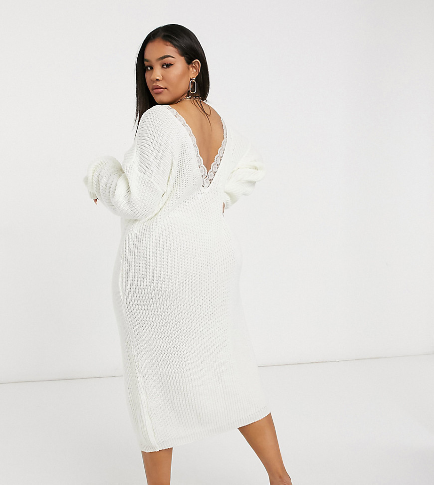 Glamorous Curve scoop back knitted jumper dress with lace trim-White