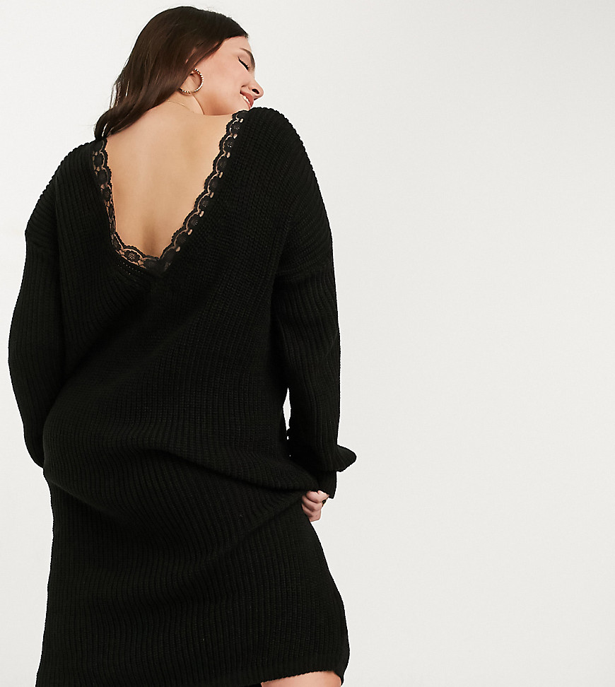Glamorous Curve scoop back knitted sweater dress with lace trim-Black