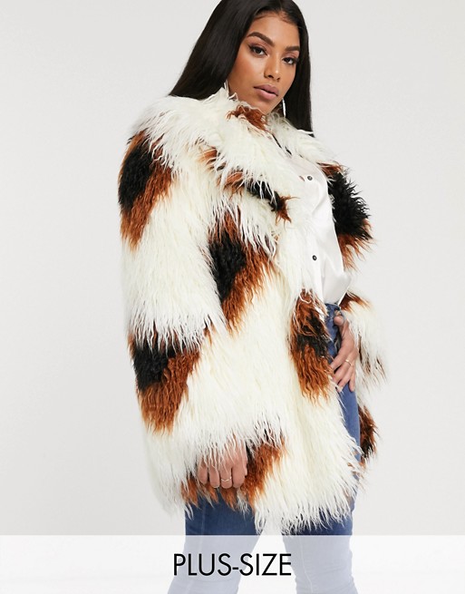 Glamorous Curve shaggy faux fur jacket in smudge print