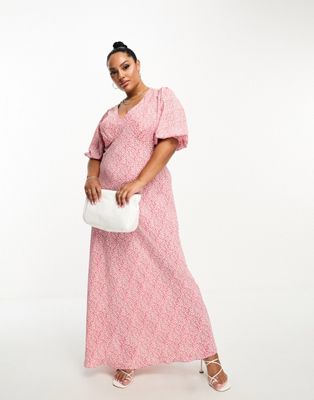 Glamorous Curve short sleeve midi tea dress in pink vintage floral