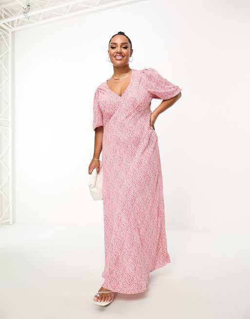 Glamorous Curve short sleeve midi tea dress in pink vintage floral