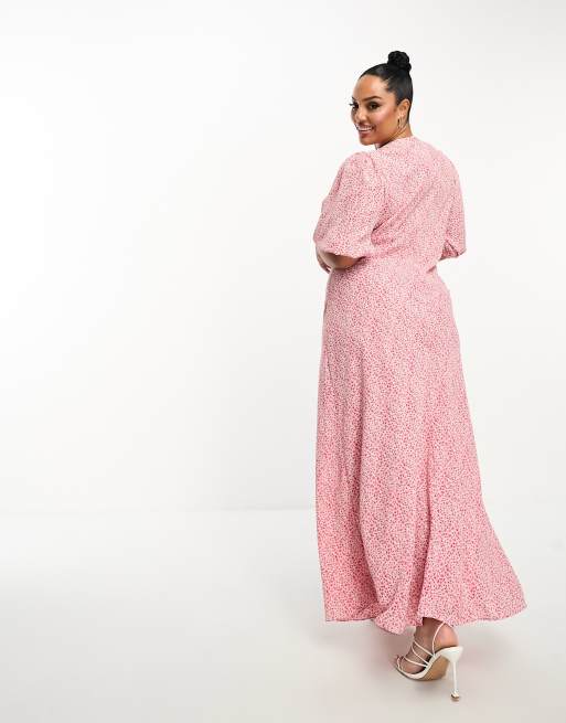 Glamorous Curve short sleeve midi tea dress in pink vintage floral
