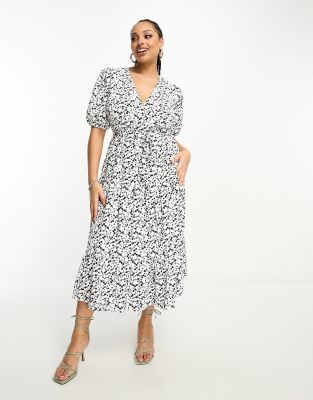 short sleeve tie waist wrap maxi dress in black white ditsy