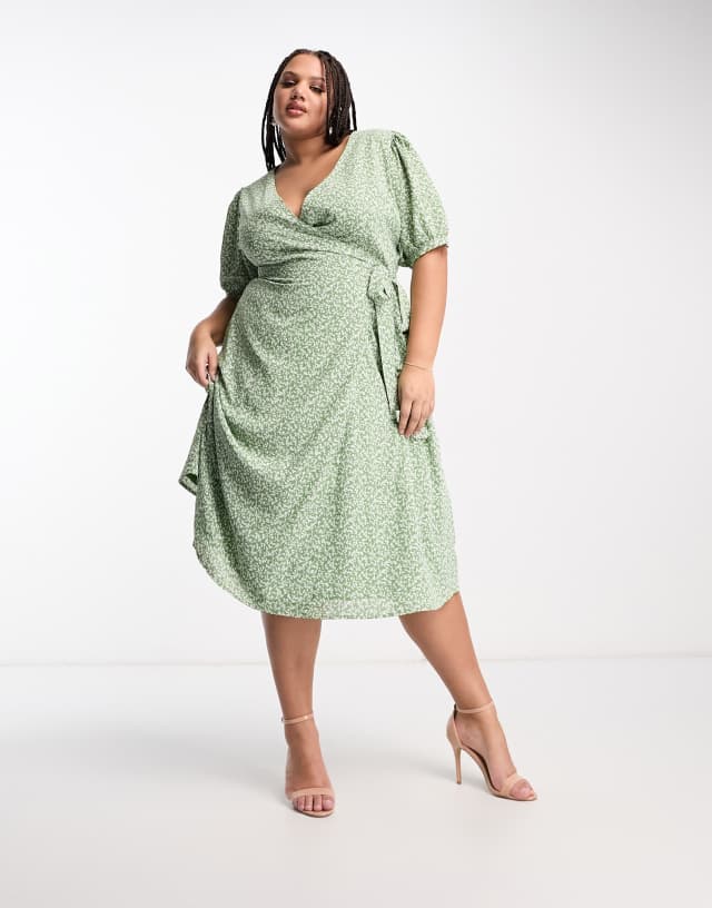 Glamorous Curve short sleeve wrap midi dress in green ditsy floral