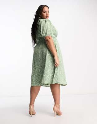 Glamorous Curve short sleeve wrap midi dress in green ditsy floral | ASOS