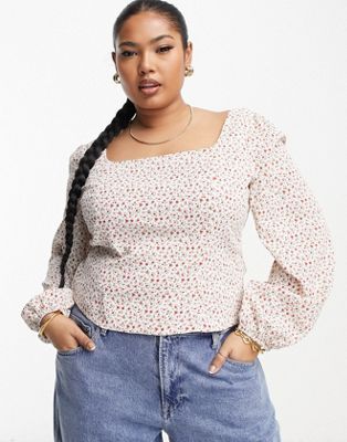 Glamorous Curve Square Neck Fitted Blouse In Vintage Floral-multi