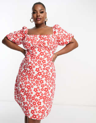 Glamorous Curve square neck mini smock dress tie back in red floral - ASOS Price Checker