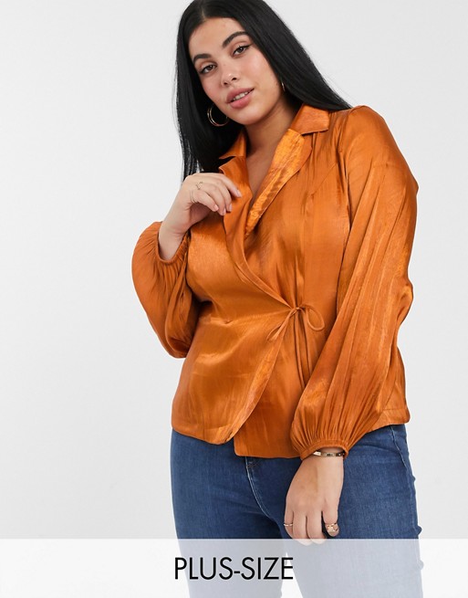 Glamorous Curve tailored blouse with tie front in luxe satin