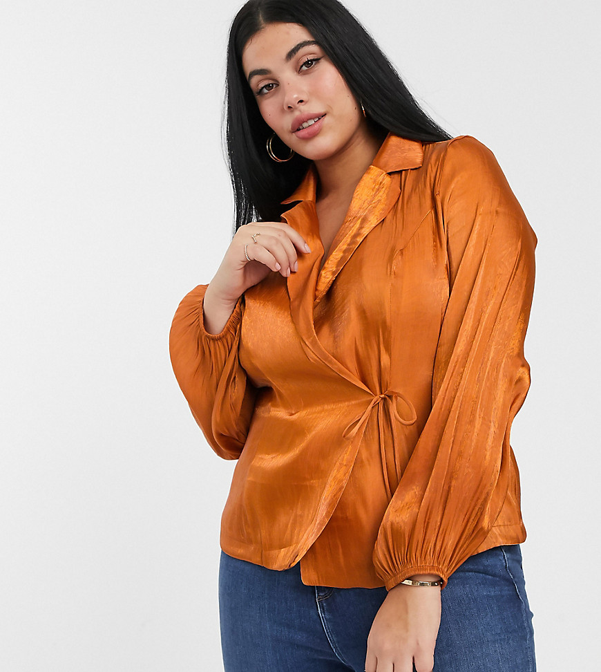 Glamorous Curve tailored blouse with tie front in luxe satin-Brown