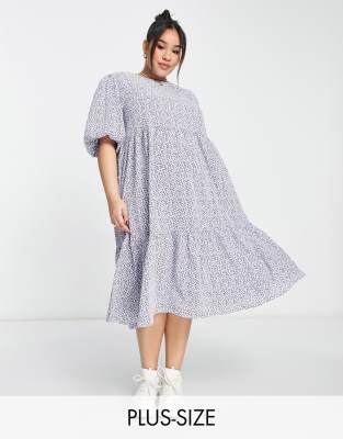 Glamorous Curve Tie Back Tiered Midi Smock Dress In Blue Ditsy multi ModeSens