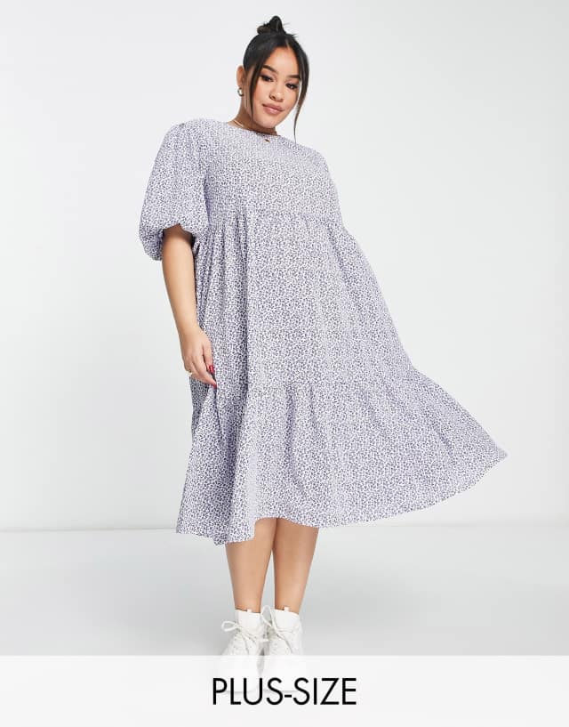 Glamorous Curve tie back tiered midi smock dress in blue ditsy