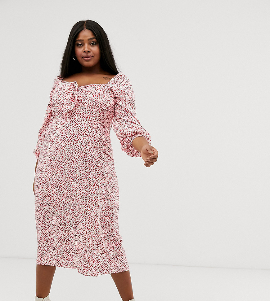 Glamorous Curve tie front midaxi dress with volume sleeves in vintage floral-Pink