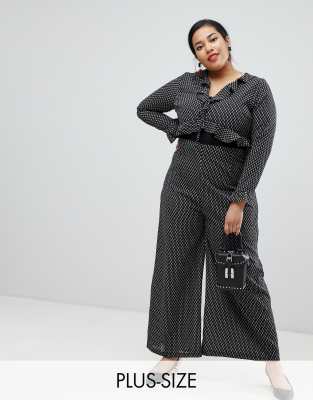 Glamorous Curve tie front wide leg jumpsuit with ruffle detail-Black