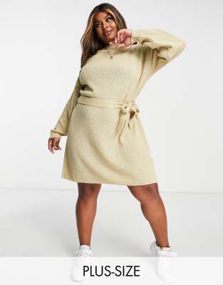 Glamorous Curve tie waist chunky sweater dress in oatmeal knit-Neutral