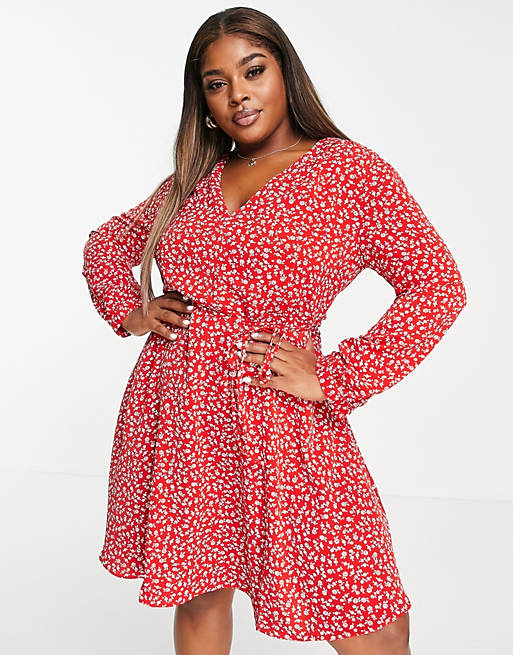Dresses Glamorous Curve tie waist swing dress in red ditsy floral 