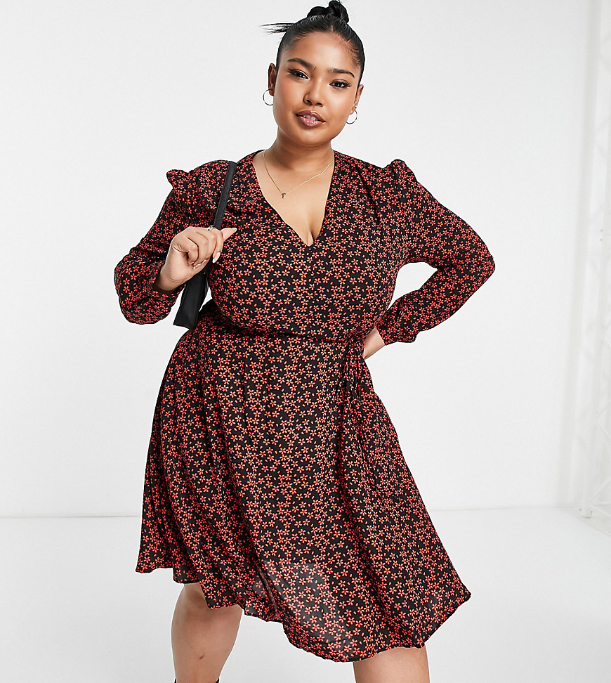Glamorous Curve Tie Waist Swing Dress In Red Floral-multi
