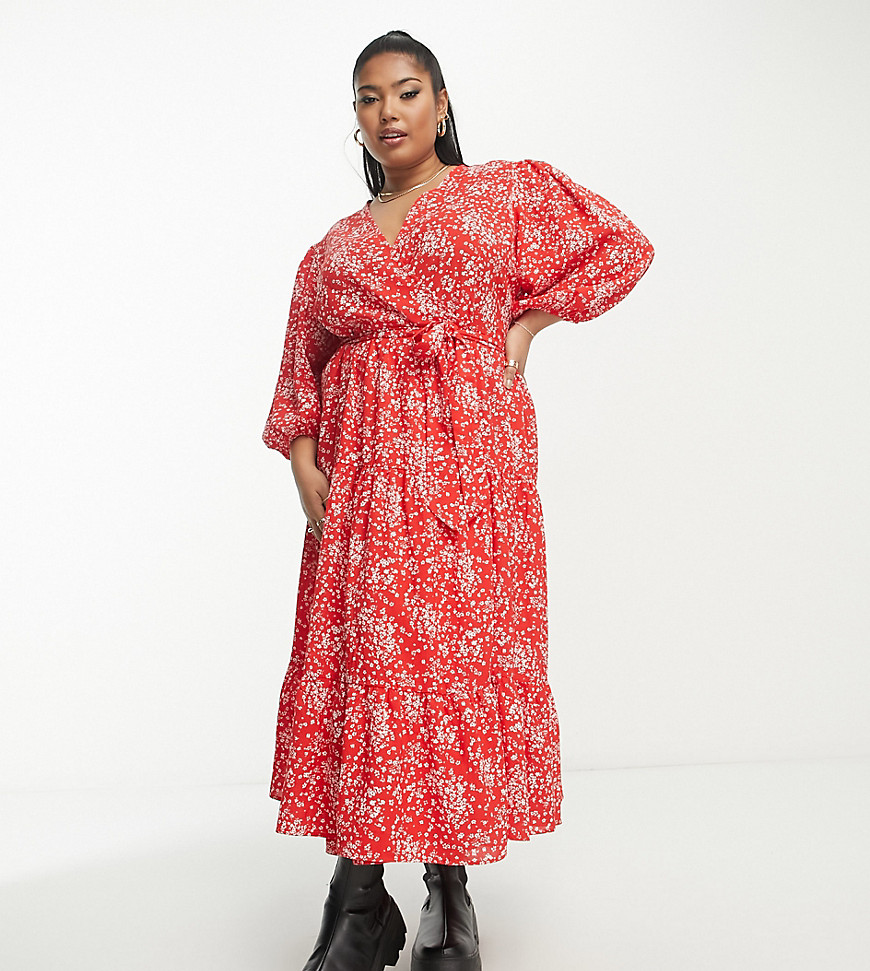 Glamorous Curve tiered maxi wrap dress in red ditsy-Multi