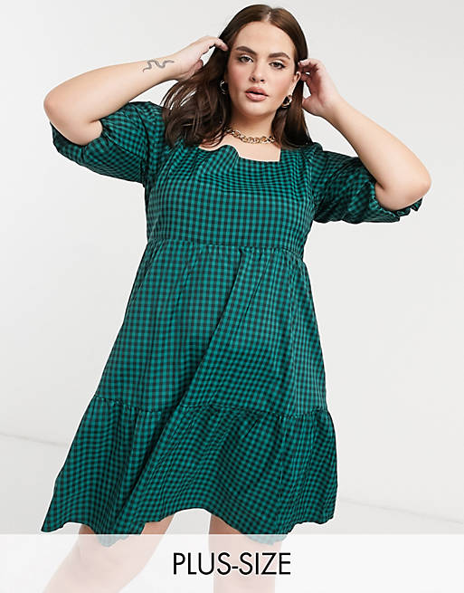 Glamorous Curve tiered smock dress with tie back in green check