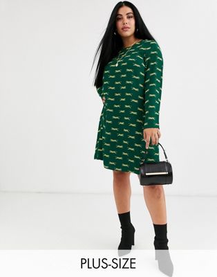 Glamorous Curve - tigerprintet lang ærmet shift-kjole-Grøn
