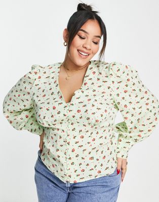 Glamorous Curve v neck button front blouse in mint berry print