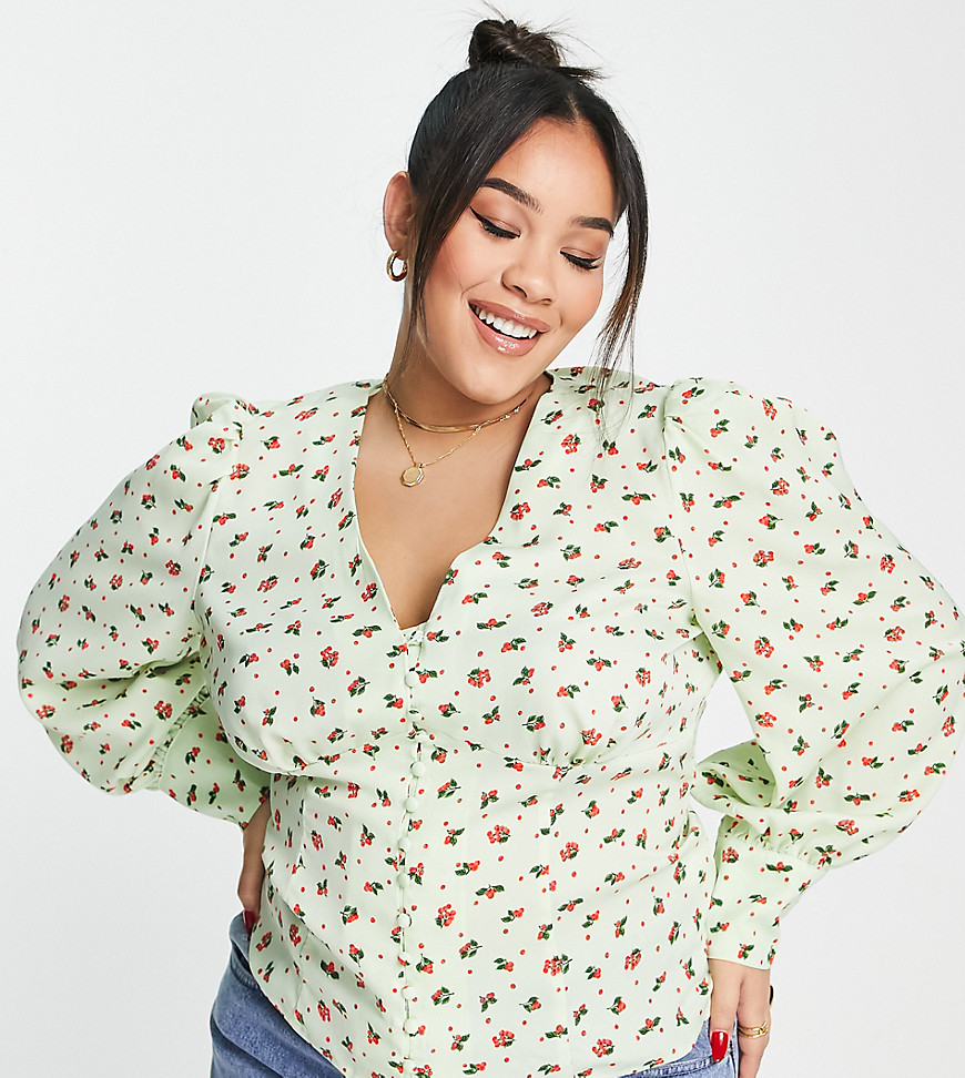 Glamorous Curve v neck button front blouse in mint berry print-Multi