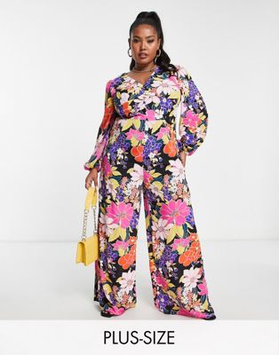 Glamorous Curve v-neck button front jumpsuit in bright retro floral