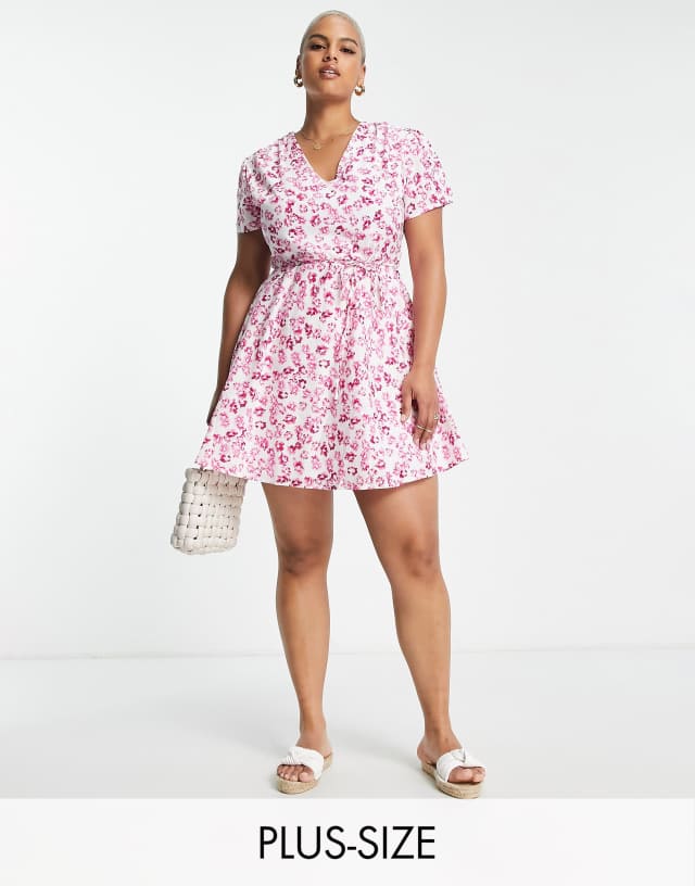 Glamorous Curve v-neck mini tea dress with tie waist in pink floral