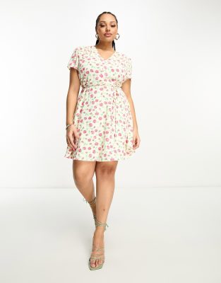 Glamorous Curve V Neck Tie Waist Dress In Rose Bud Floral-white