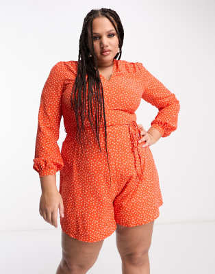 Glamorous Curve V Neck Tie Waist Tea Romper In Red Orange Ditsy-multi