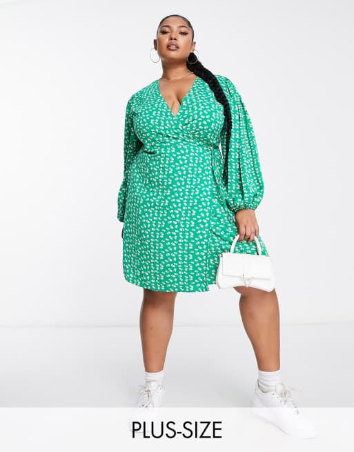Glamorous Curve - Vestito corto a portafoglio verde con stampa di tulipani