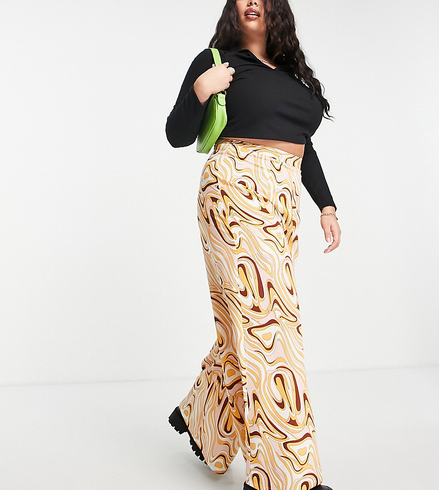 Glamorous Curve Wide Leg High Waisted Pants In Marble Print-multi