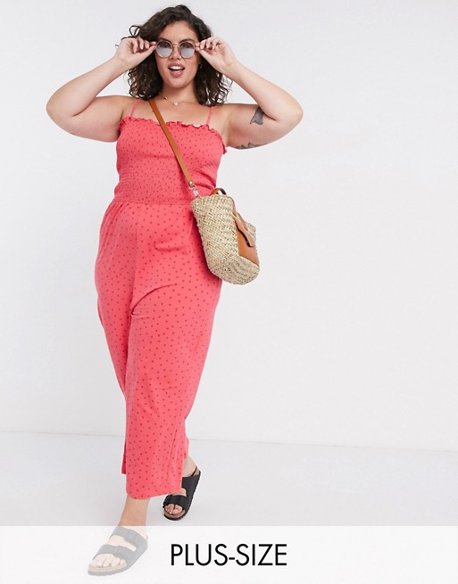 Glamorous Curve wide leg jumpsuit with shirred bodice in ditsy strawberry