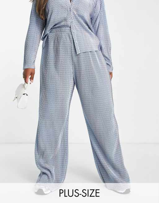 Glamorous Curve wide leg plisse pants in blue spot (part of a set)