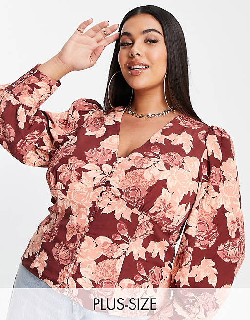 Glamorous Curve wrap button front blouse in tonal floral