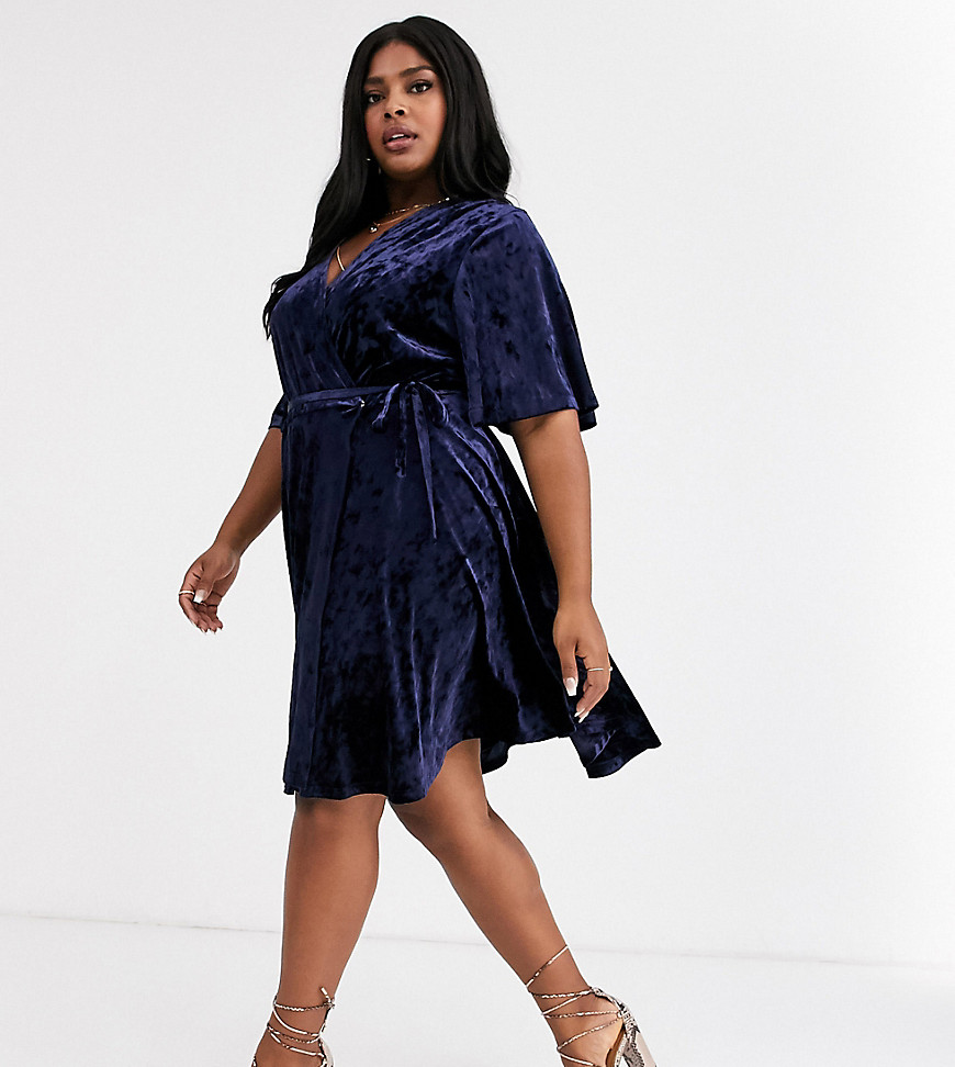 Glamorous Curve wrap dress with tie wasit in velvet-Navy