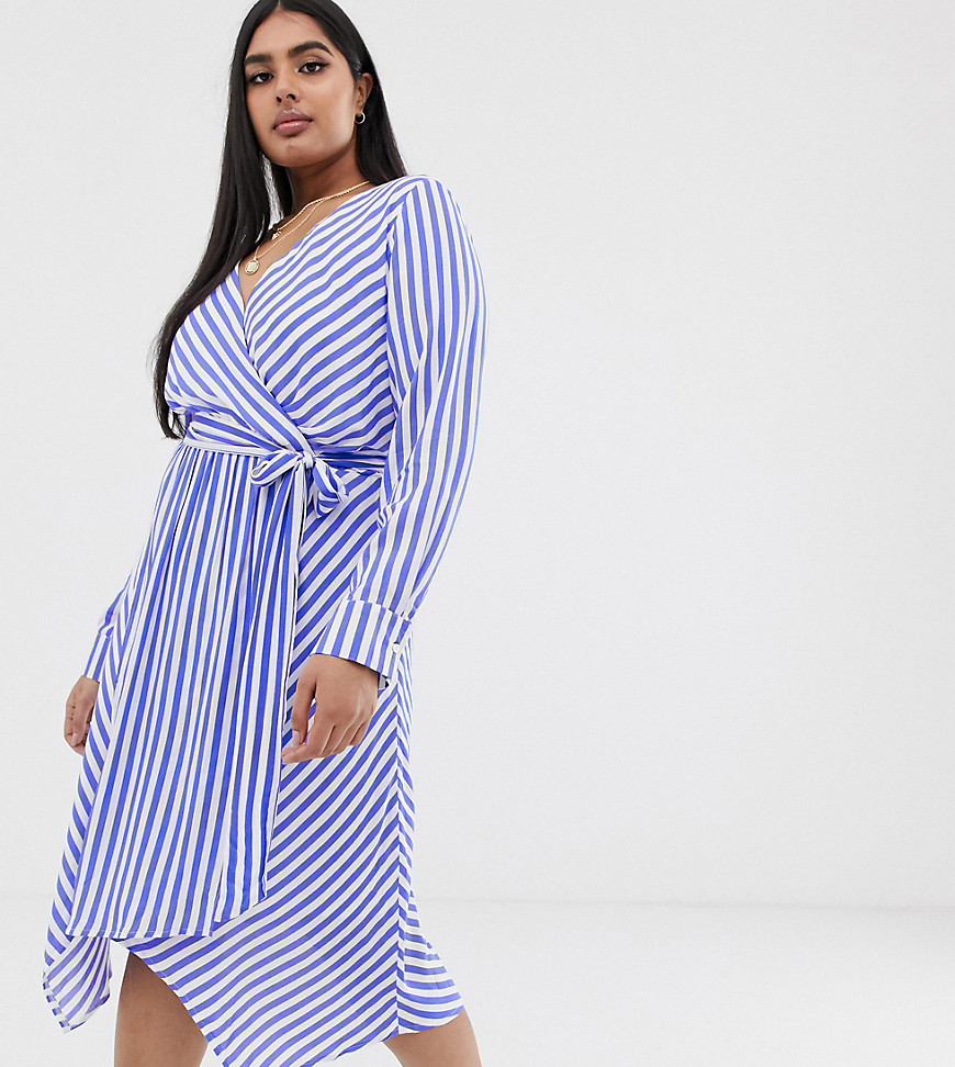 Glamorous Curve wrap front dress with tie waist in diagonal stripe-Blue
