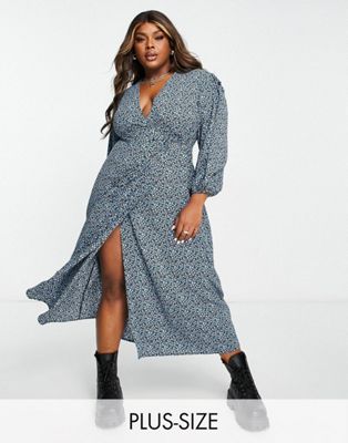 Glamorous Curve wrap midi dress in blue ditsy floral