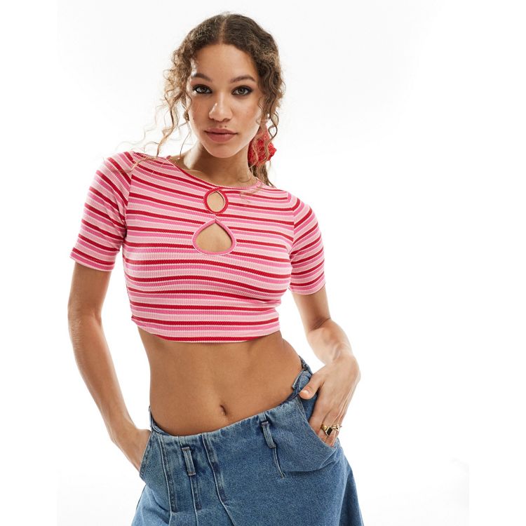 Glamorous cut out crop top in stretch knit pink stripe - part of a set