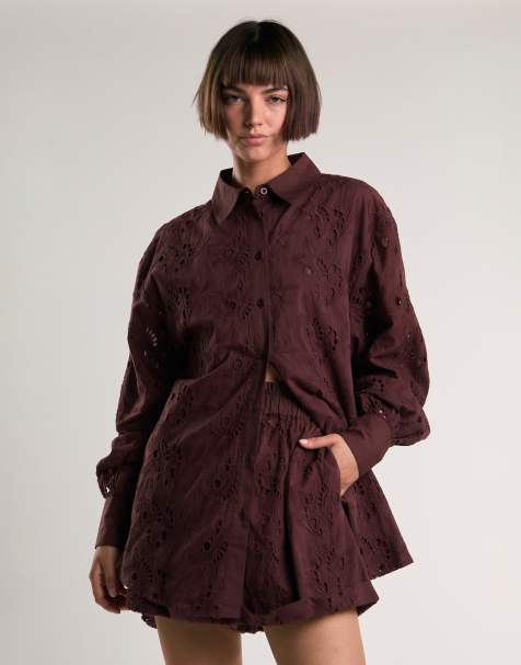 Glamorous Cutwork shorts in deep burgundy