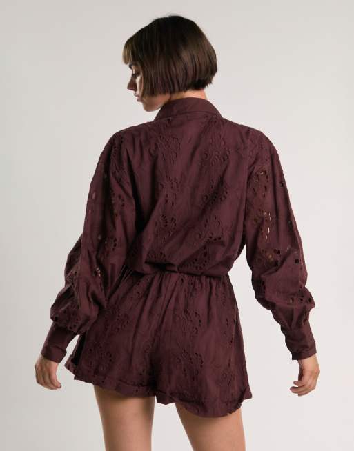Glamorous Cutwork shorts in deep burgundy, 2 of 4