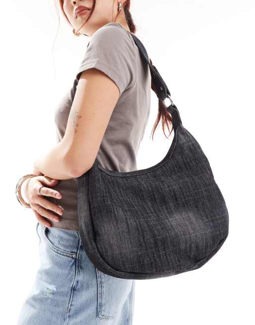 Glamorous – Czarna jeansowa torba typu tote na ramię w kształcie półksiężyca z efektem sprania