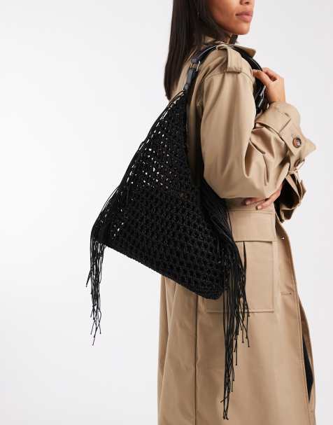 Glamorous – Czarna pleciona torba typu tote o bardzo luźnym kroju z frędzlami - view 1