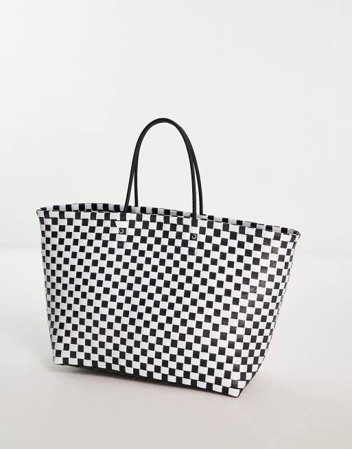 Glamorous – Czarno-biała pleciona torba typu tote w kratkę vichy, 2 z 4