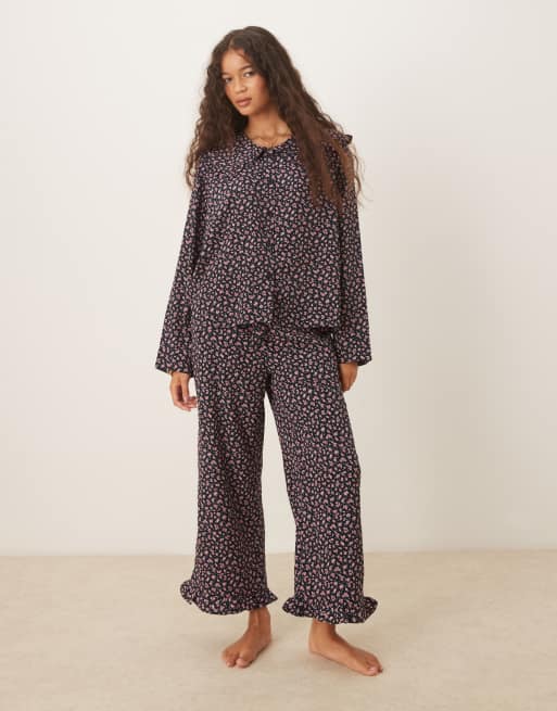 Glamorous delicate floral pajama shirt and pants set in black pink floral
