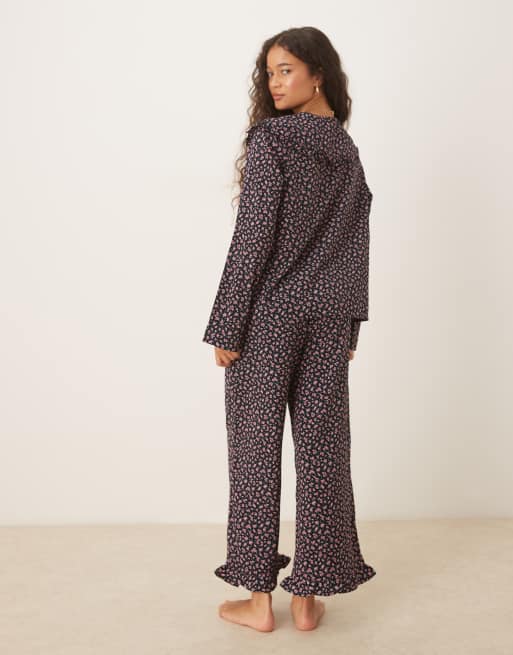 Glamorous delicate floral pajama shirt and pants set in black pink floral