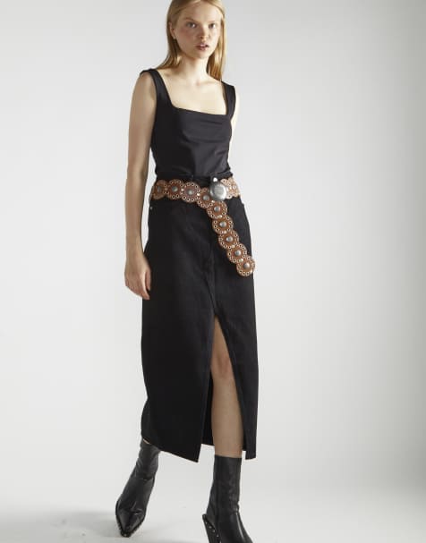 Glamorous Denim centre-split maxi-skirt in washed black - view 1