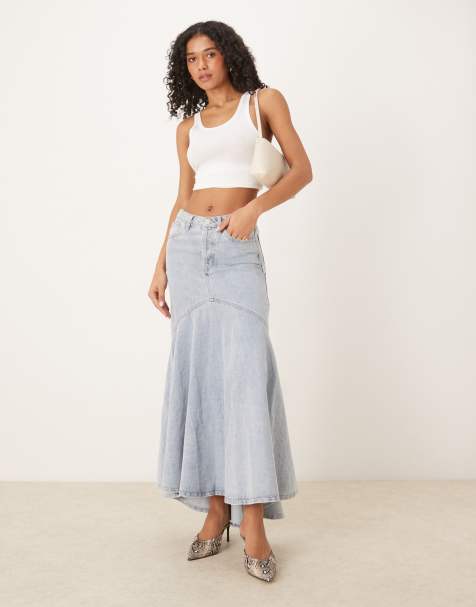 Glamorous Denim fishtail maxi skirt in light stonewash